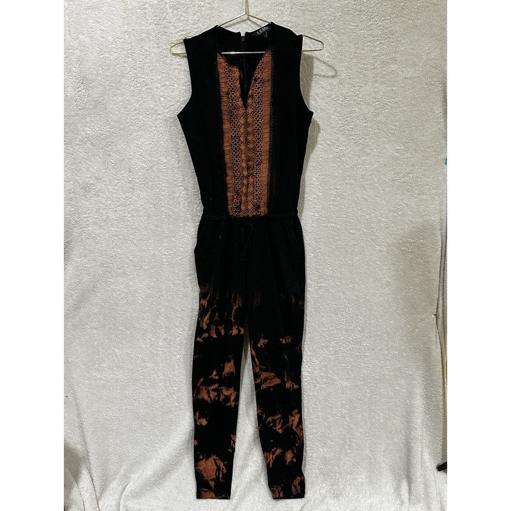 Lauren Ralph Lauren Women's Black V-Neck‎ Jumpsuit Size Small Embroidery Belted